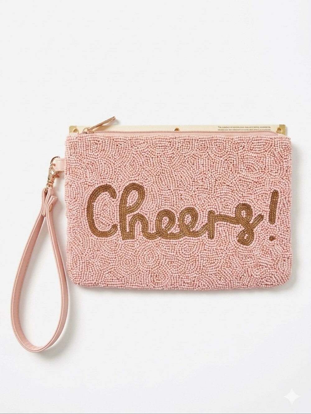 🔹️NWT House of Harlow Pink Hand Beaded Cheers! Zipper Wristlet Clutch